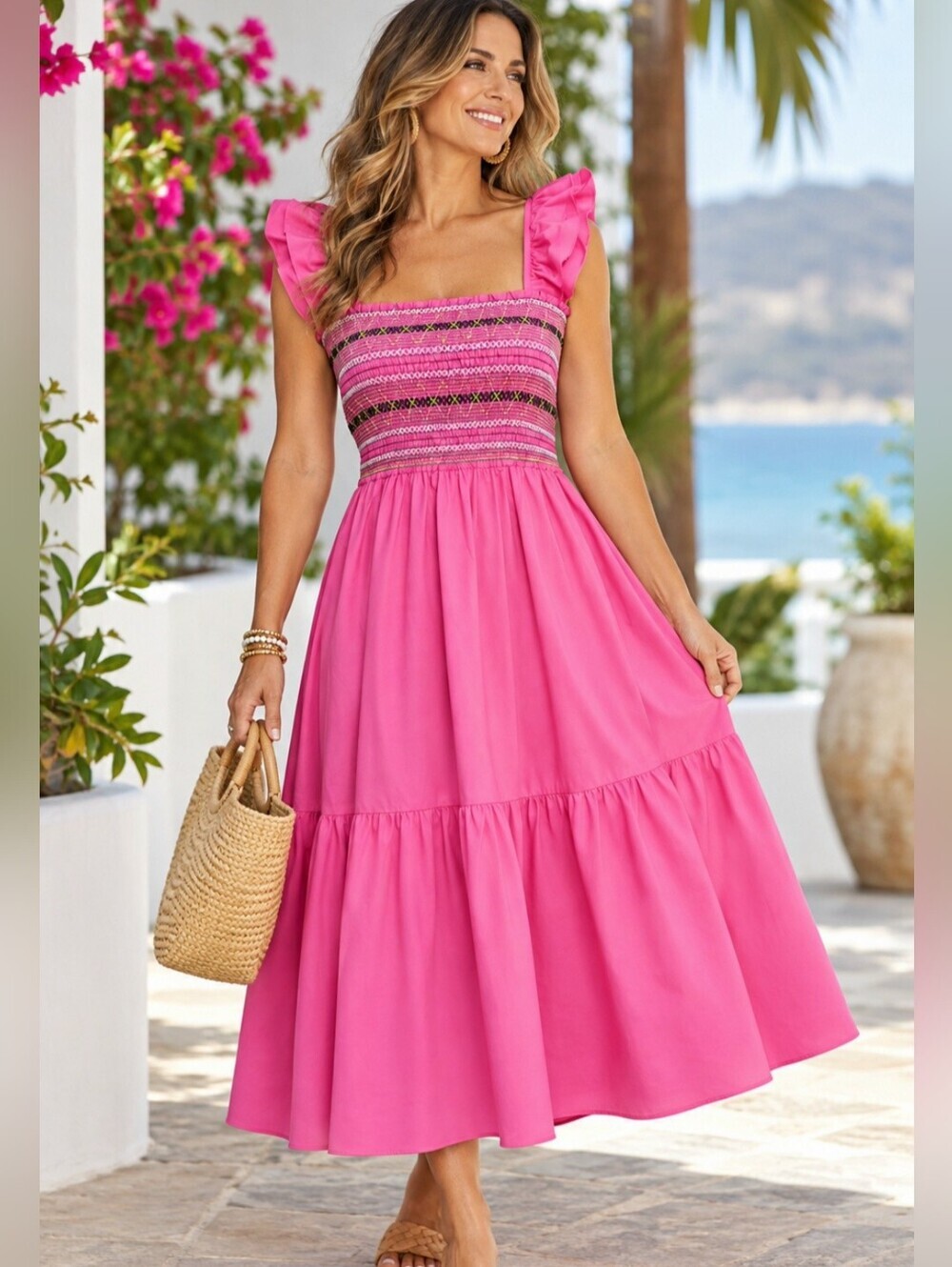 Strut & Bolt Dress Womens L Hot Pink Smocked Embroidered Ruffle Maxi Resort Boho